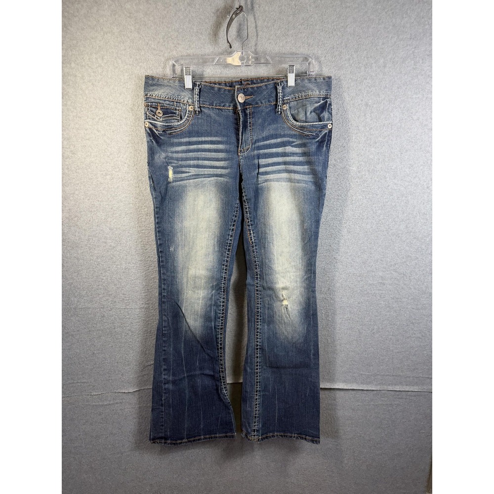 Vanity Jeans Womens 31W 33L Blue Low Rise Bootcut Distressed Embroidered Denim